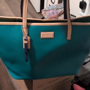 Coach Teal and Tan Full Leather  Tote Bag